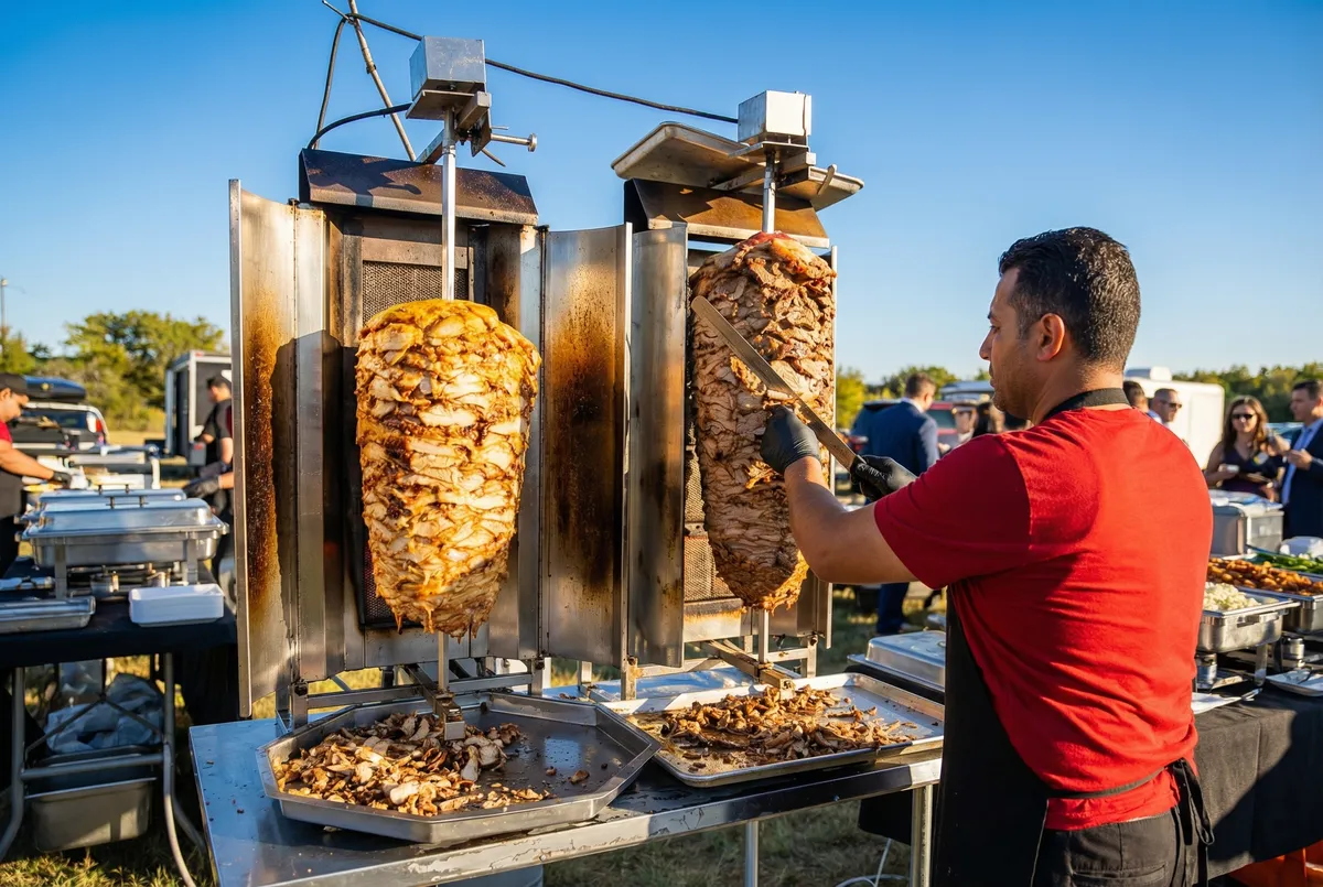 Pita Kabab owner slicing shawarma from dual rotating spits at an outdoor catering event in Cedar Rapids