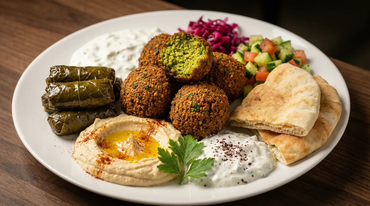 Fresh hand-rolled falafel plate with hummus and pita bread at Pita Kabab Cedar Rapids