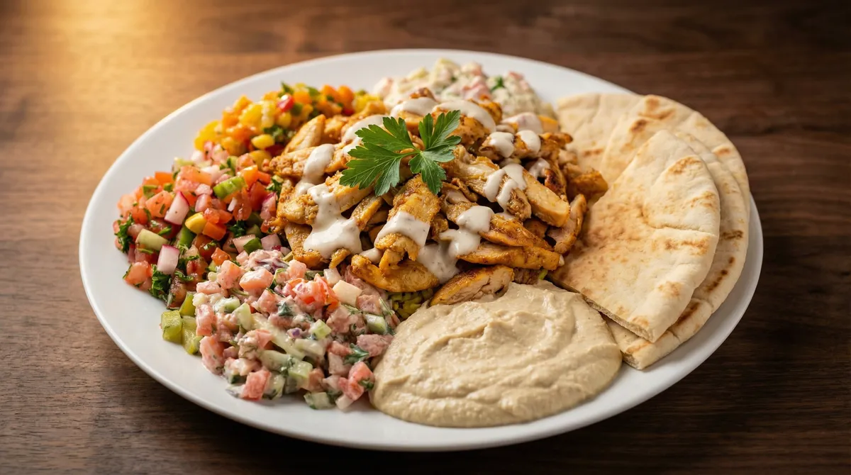 Chicken shawarma pita sandwich with fresh vegetables and garlic sauce at Pita Kabab Cedar Rapids